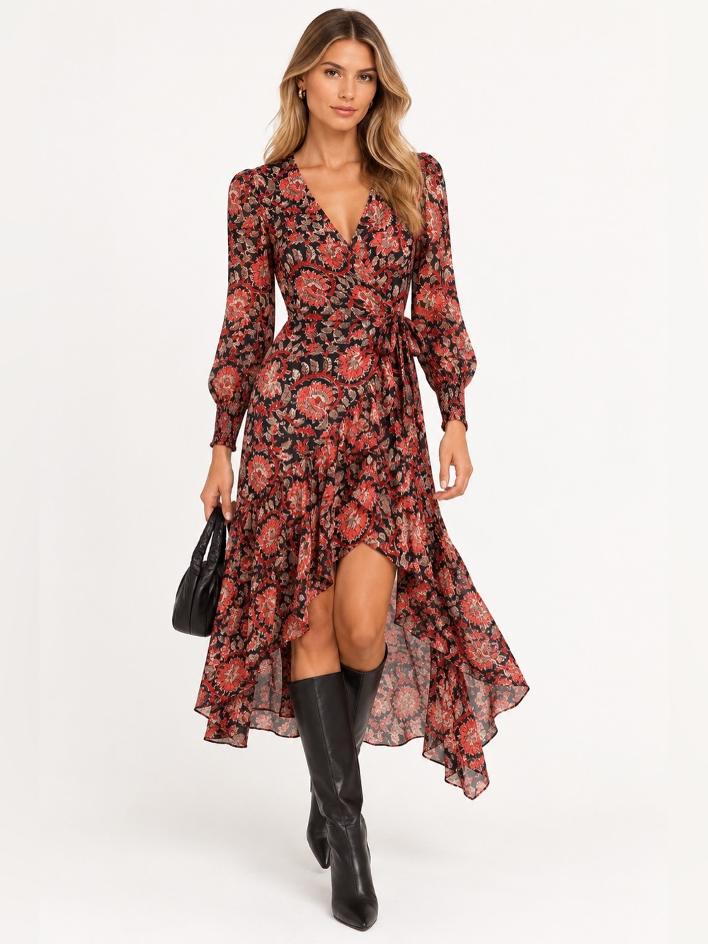 Maxime Red and Black Floral Wrap High-Low Dress